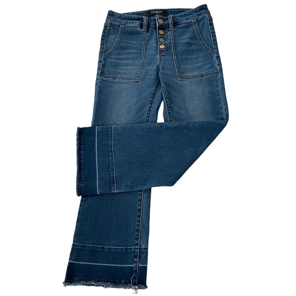 Liverpool Button Fly High Waist Wide Leg Jeans Frayed Hem Patch Pockets Size 4